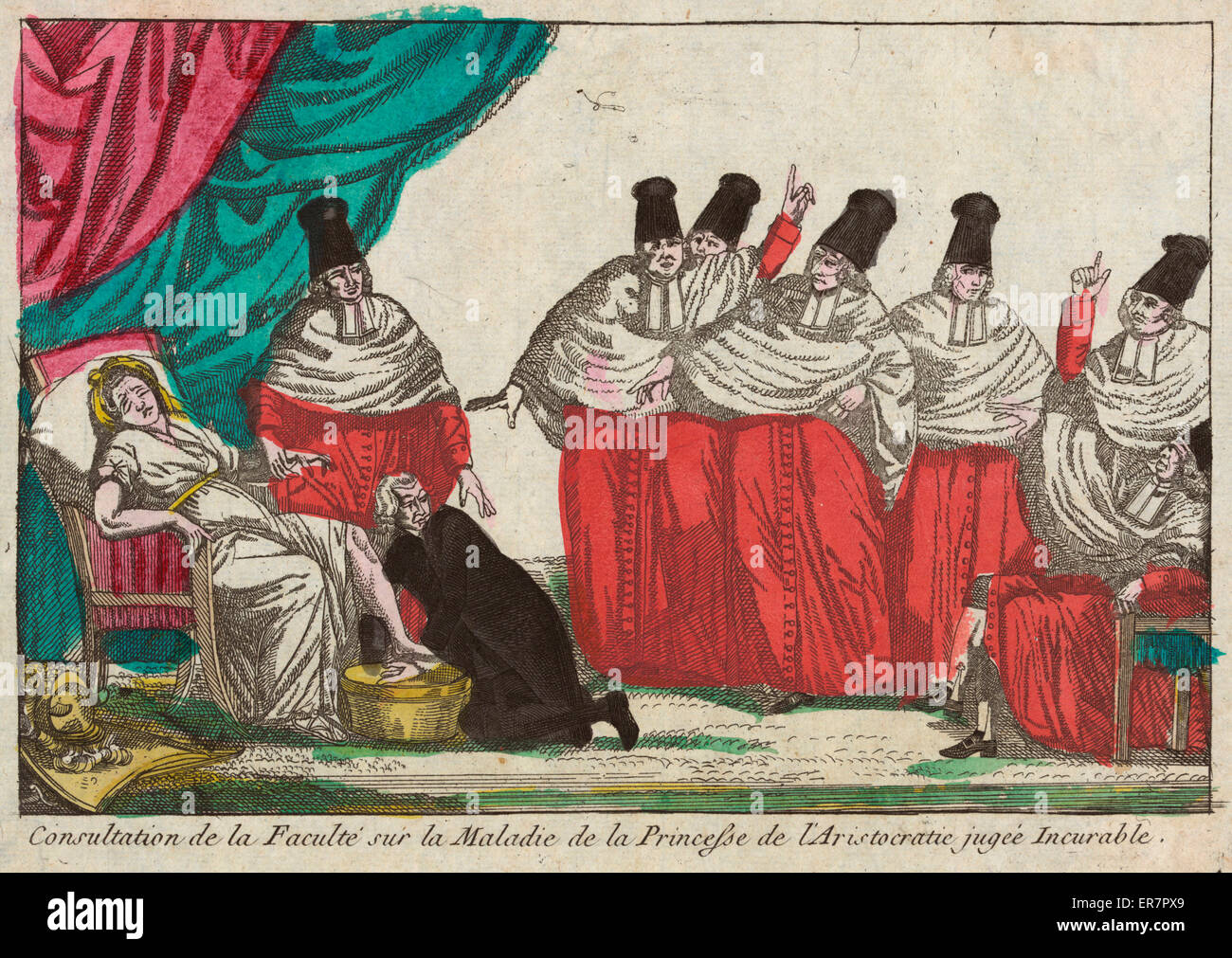 Consultation de la faculte sur la maladie de la princesse de l'aristocratie jugee incurable. Print shows a woman sitting in a chair, one physician checking her pulse while another bathes her left foot, six additional physicians gesture wildly, presuming h Stock Photo