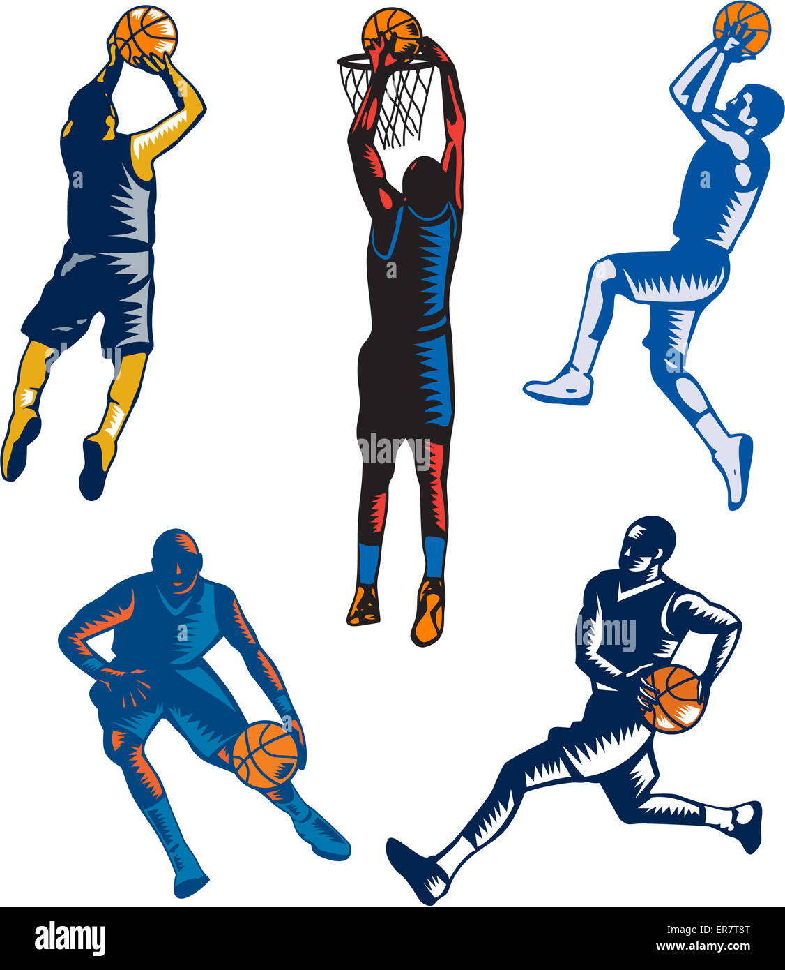 Collection or set of illustrations of basketball player jump shot