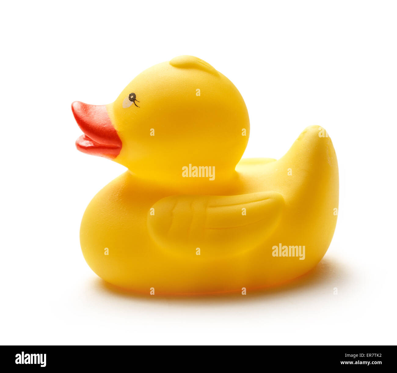 One yellow duck toy on white background Stock Photo Alamy