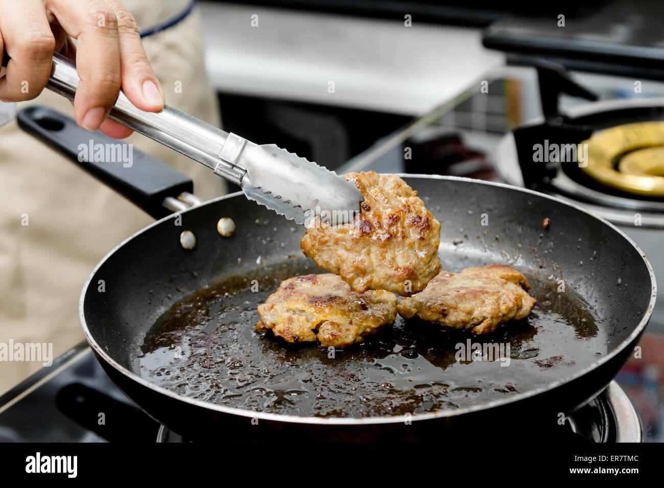 grill burger in pan Stock Photo Alamy