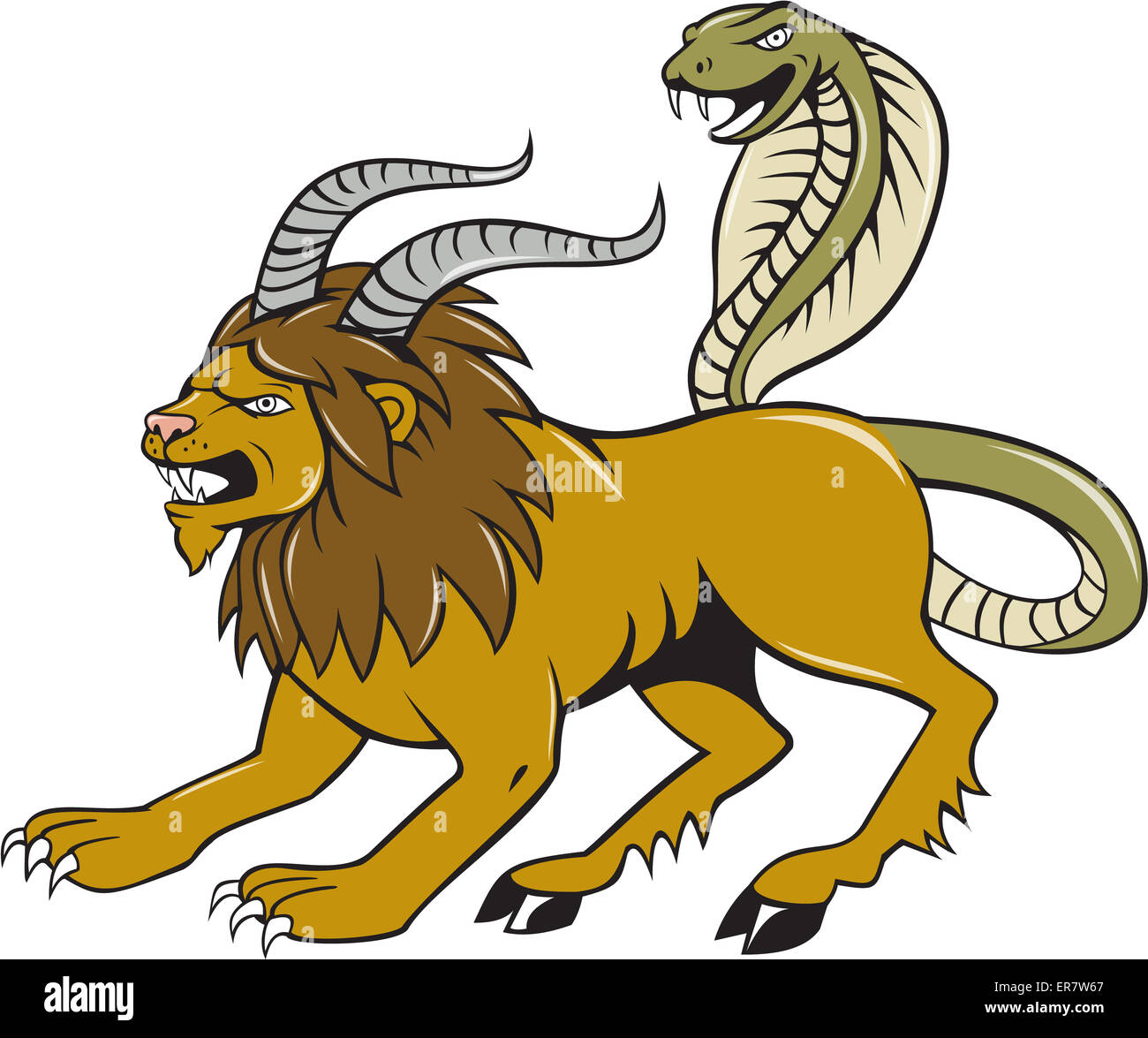 Illustration of a Chimera, mythical creature of Greek mythology depicted as a lion, with the head of a goat arising from its back, and a tail that ended in a snake's head viewed from side done in cartoon style on isolated background. Stock Photo