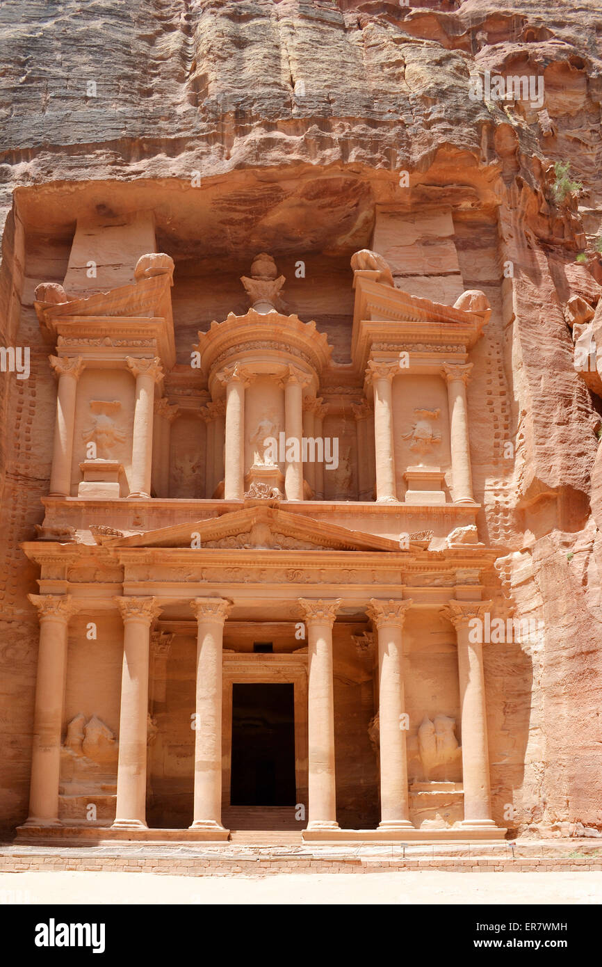 The treasury of the Nabataean ancient city of Petra, Khazna in Arabic. Petra is one of the seven wonders of the world. Stock Photo
