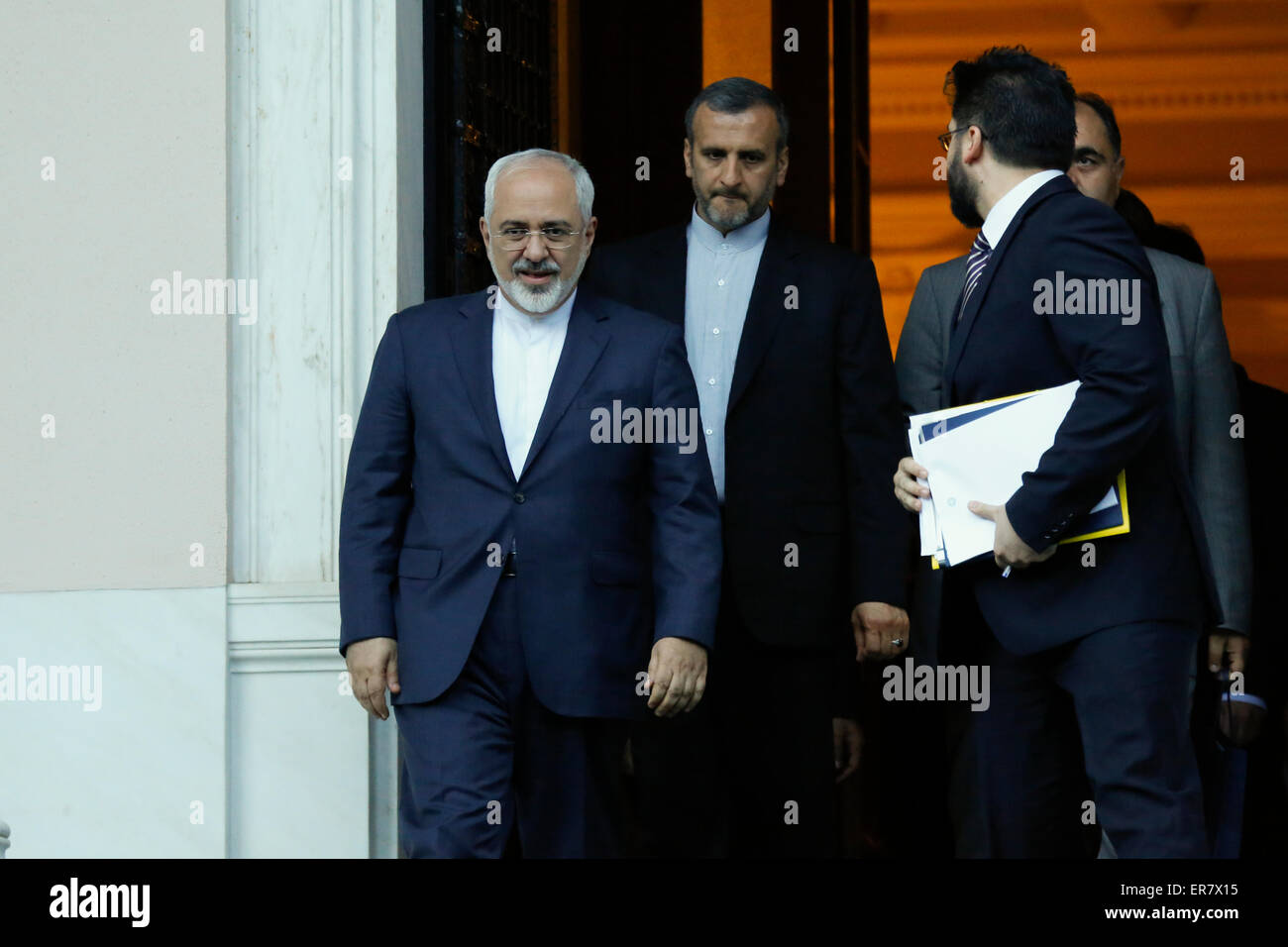 Athens, Greece. 28th May, 2015. The Iranian Minister of Foreign Affairs Mohammad Javad Zarif (left) leaves the Maximos Mansion. The Iranian Foreign Minister paid a visit to the Greek Prime Minister Alexis Tsipras at his official seat in the Maximos Mansion. Credit:  Michael Debets/Pacific Press/Alamy Live News Stock Photo