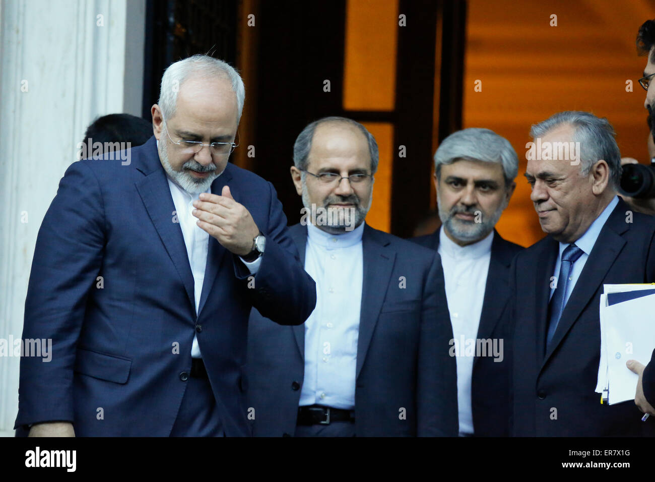 Athens, Greece. 28th May, 2015. The Iranian Minister of Foreign Affairs Mohammad Javad Zarif (left) leaves the Maximos Mansion. The Iranian Foreign Minister paid a visit to the Greek Prime Minister Alexis Tsipras at his official seat in the Maximos Mansion. Credit:  Michael Debets/Pacific Press/Alamy Live News Stock Photo