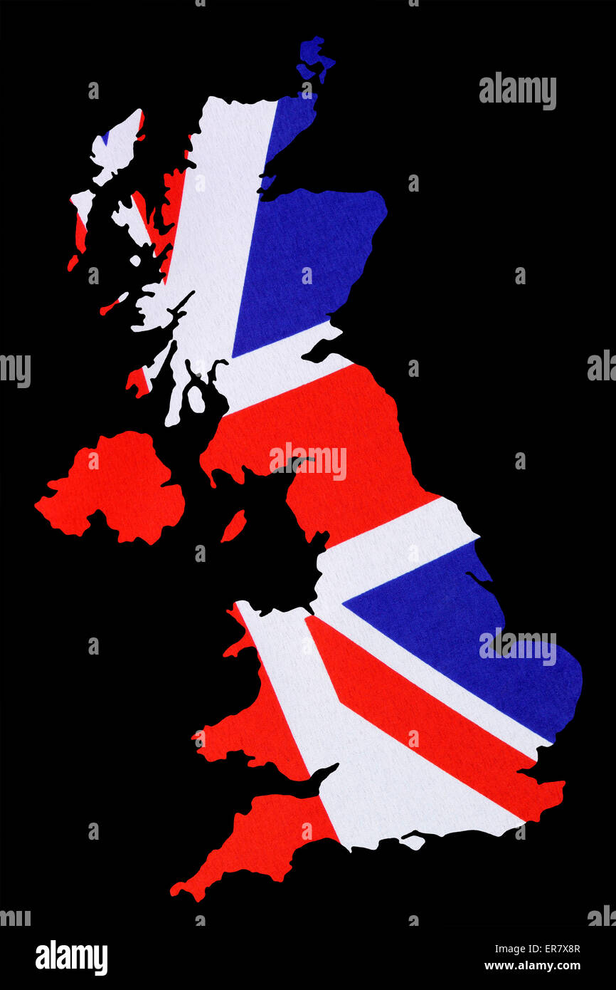 Map of Great Britain cut out with UK British Union Jack flag on ...