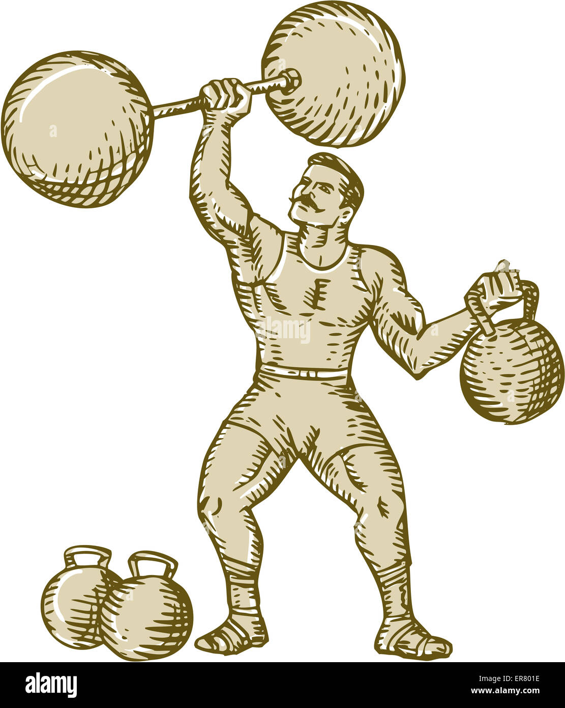Etching engraving handmade style illustration of a strongman circus  performer lifting barbell on one hand and kettlebell on the Stock Photo -  Alamy
