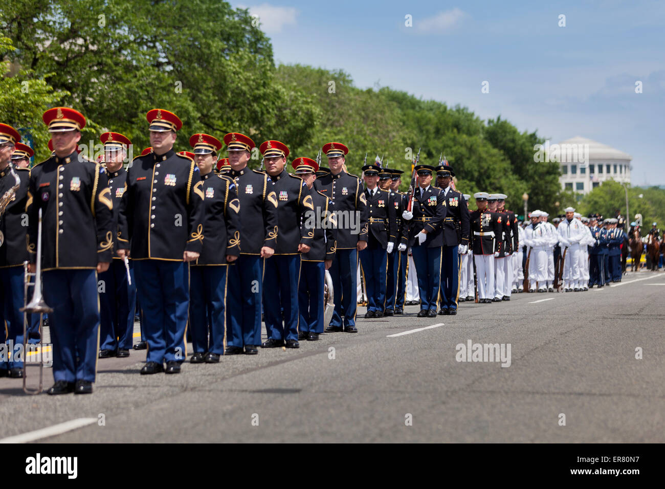 US Joint Service ceremonial guard in Memorial Day parade - Washington, DC USA Stock Photo