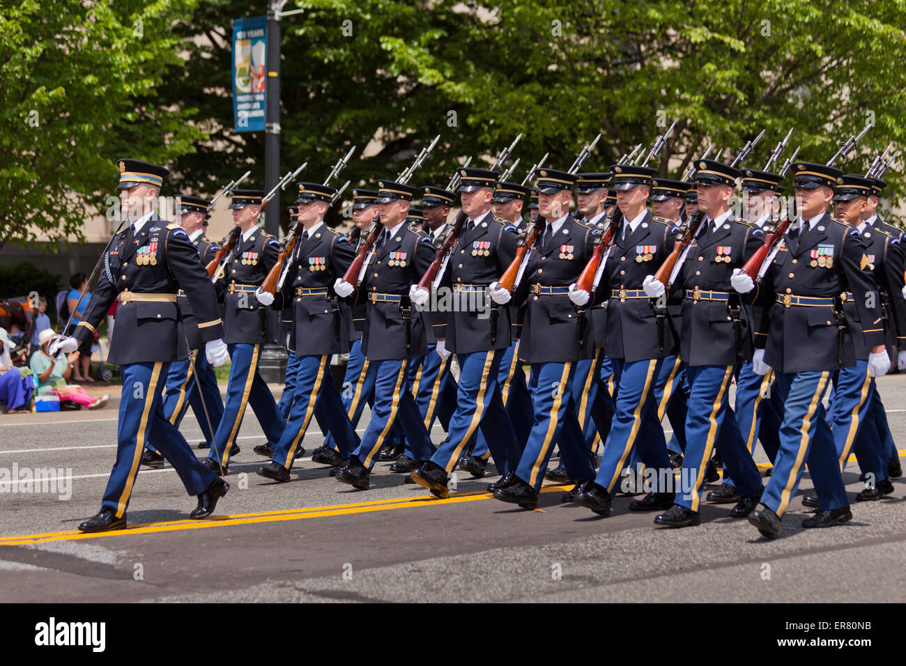 US Army honor guard drill team marching in Memorial Day parade - Washington, DC USA Stock Photo