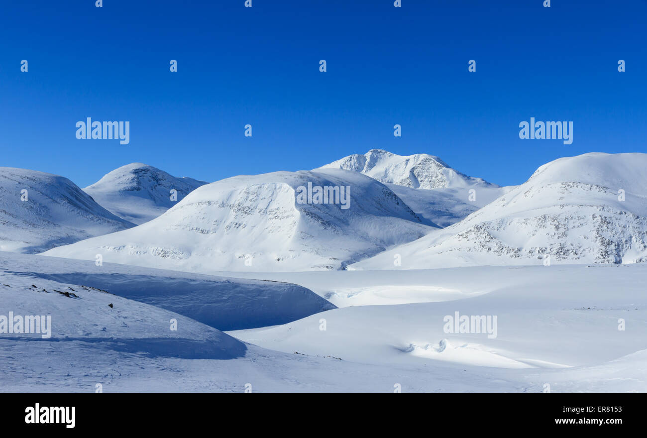 The snow covered mountains on Kungsleden in winter. Stock Photo
