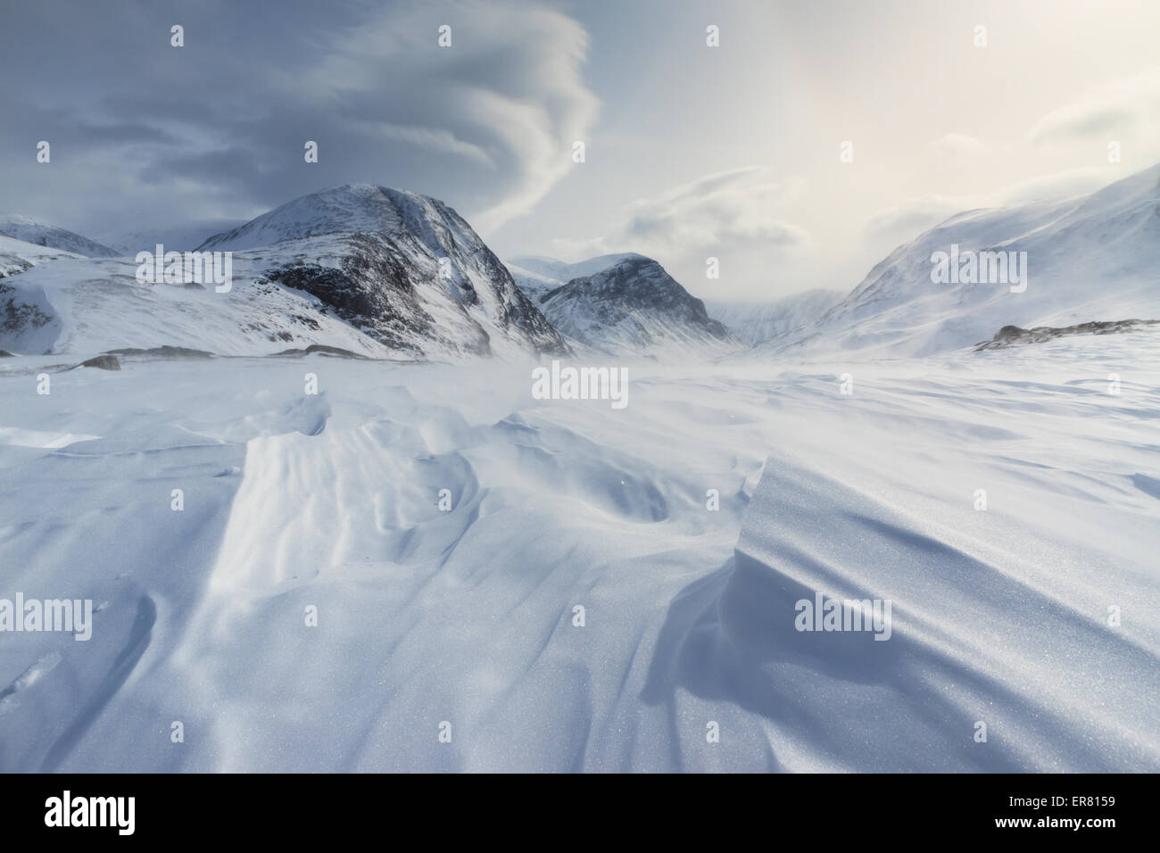 Winds blowing over the snow in Arctic Sweden. Stock Photo