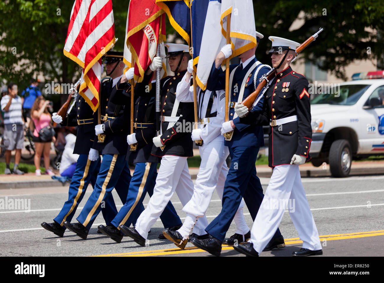 US Joint Service Color Guard in Memorial Day parade - Washington, DC USA Stock Photo