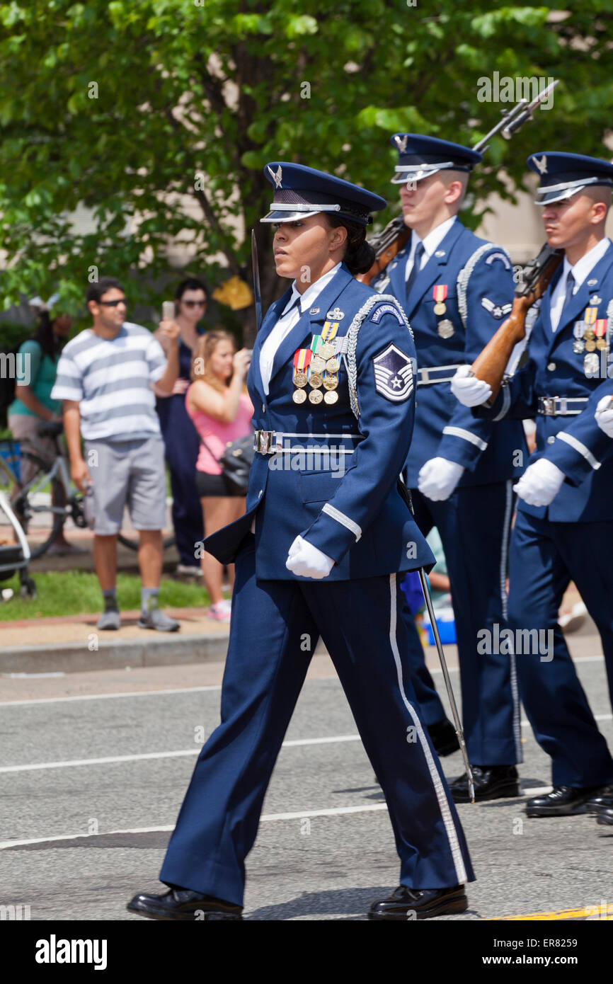 US Air Force ceremonial guard drill team marching in Memorial Day parade - Washington, DC USA Stock Photo