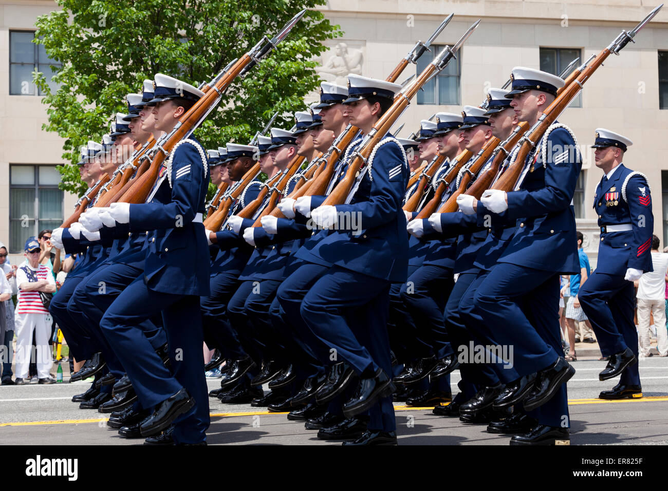 US Coast Guard ceremonial guard drill team marching in Memorial Day