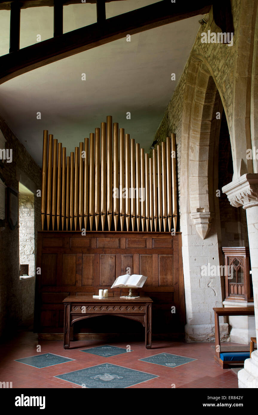 Interior view with organ, St. Peter and St. Paul Church, Courteenhall, Northamptonshire, England, UK Stock Photo