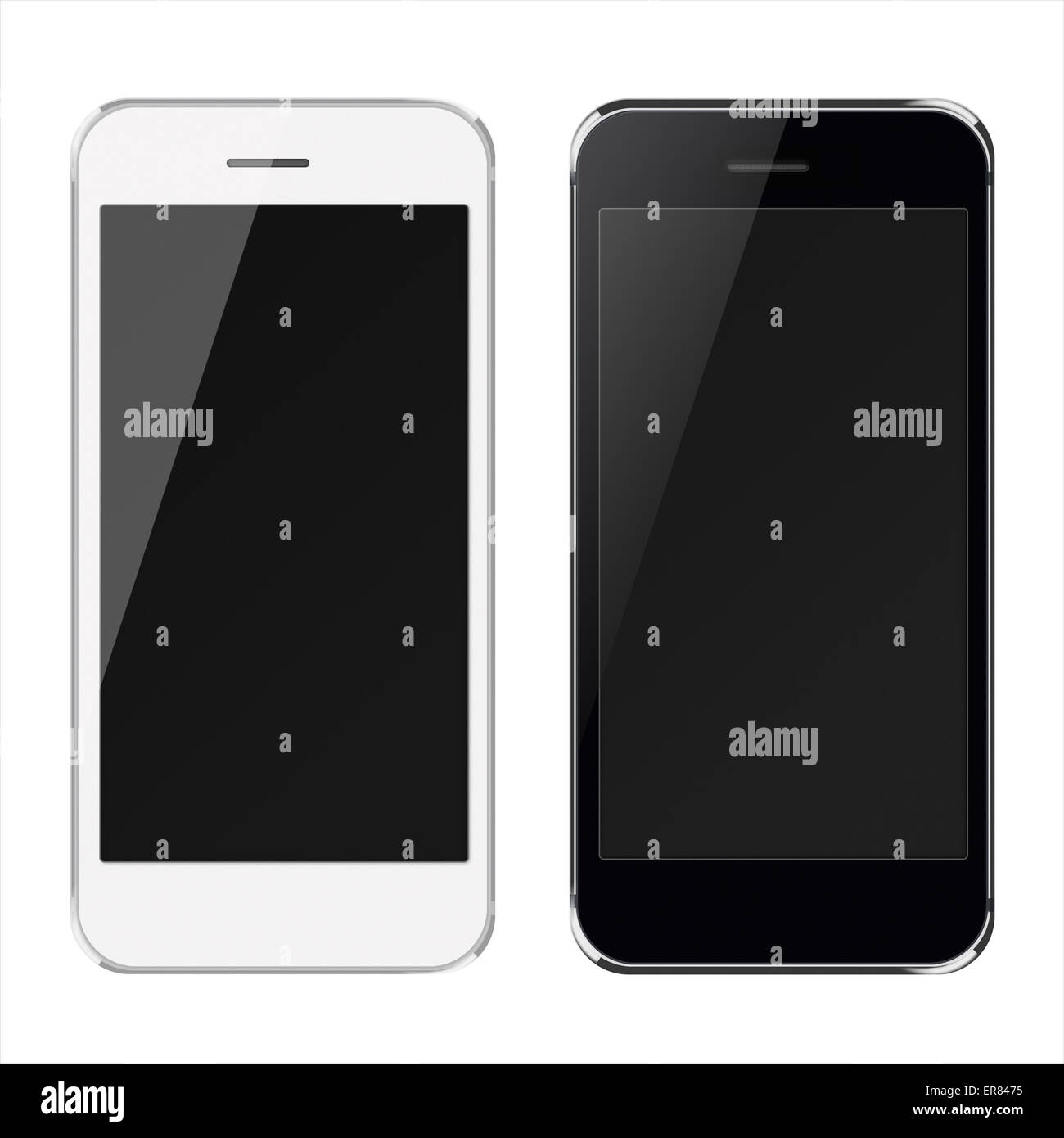 Realistic black and white mobile phones with black screen isolated on