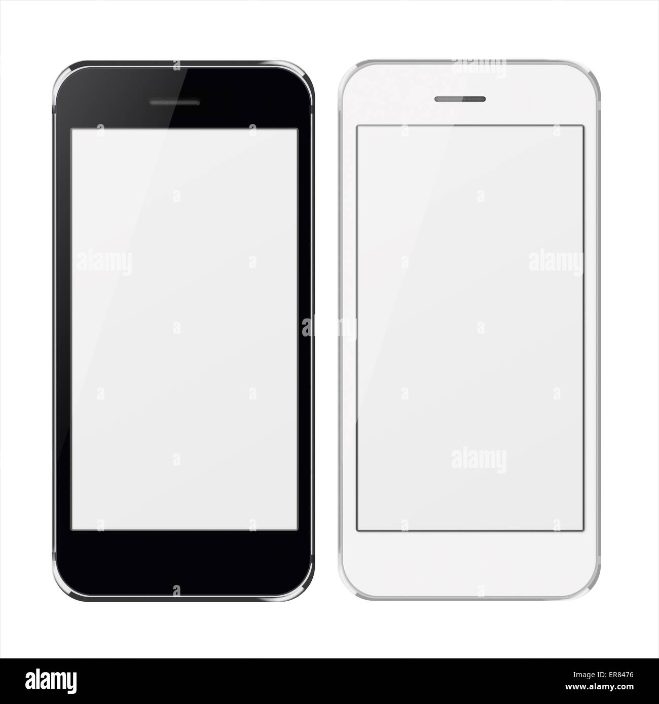 Realistic black and white mobile phones with blank screen isolated on
