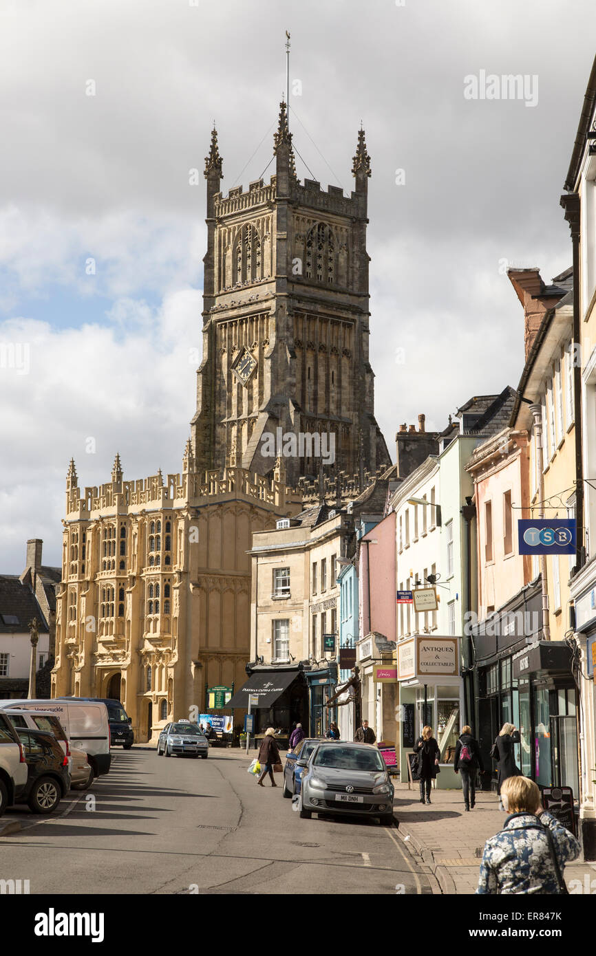 Church and historic buildings in town centre, Cirencester, Gloucestershire, England, UK, Stock Photo