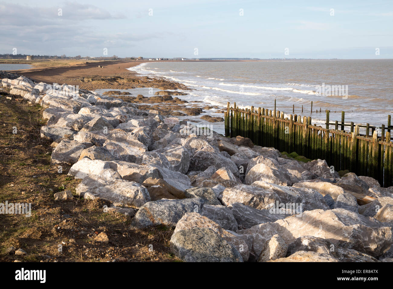 Rock armour coastal defences East Lane, Bawdsey, Suffolk, England, UK Stock Photo