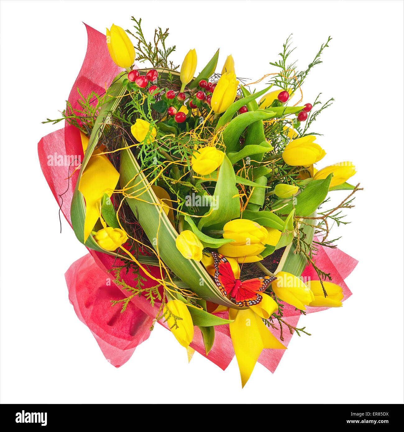 Beautiful bouquet of yellow tulips and other flowers isolated on white ...