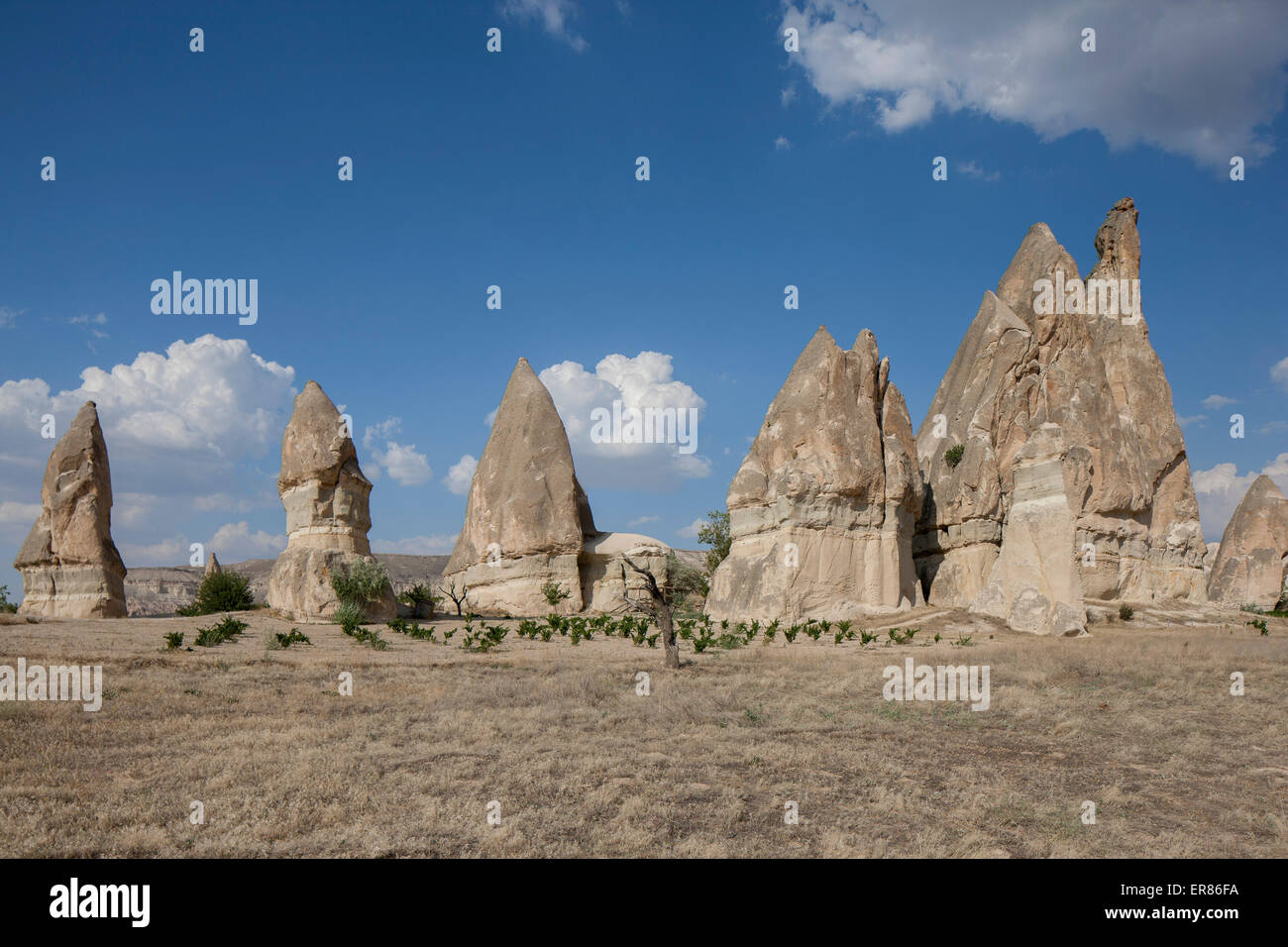 Rock formations on arid landscape against blue sky Stock Photo