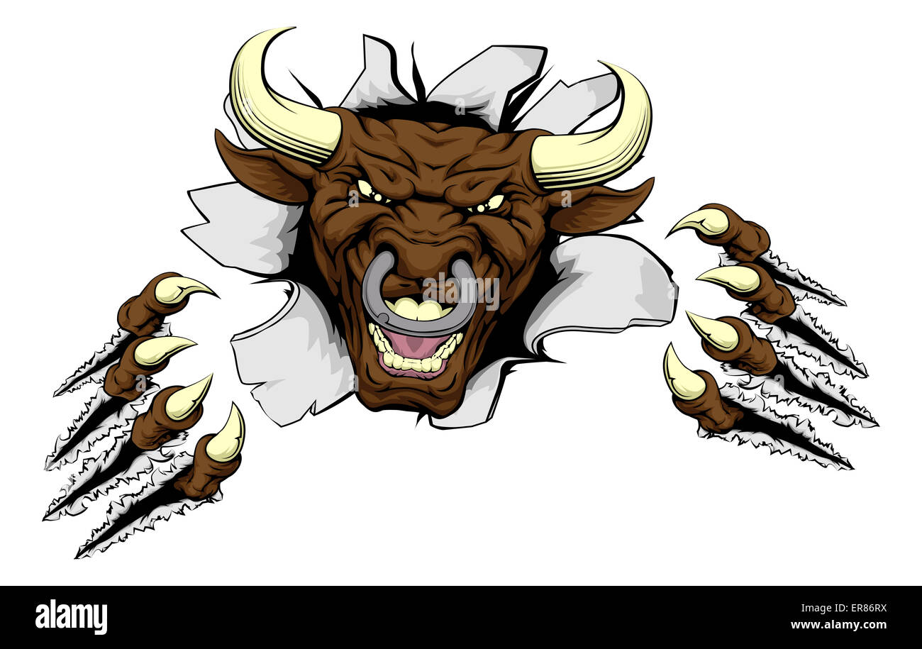 A mean looking bull mascot character breaking out through a wall Stock Photo