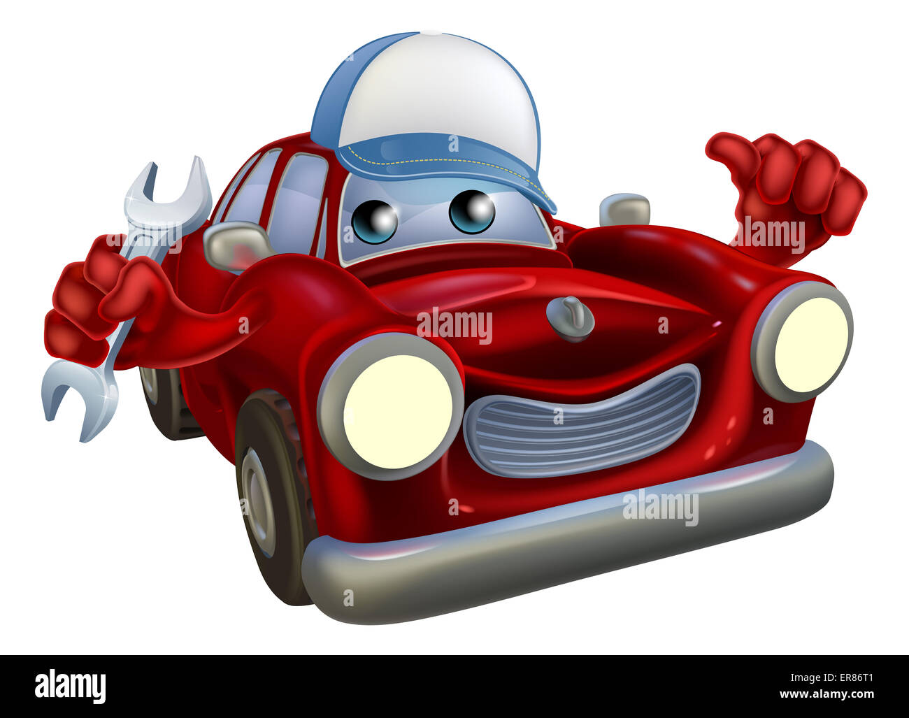 A drawing of a red cartoon car mascot wearing a baseball hat and holding a wrech while giving a thumbs up. Stock Photo
