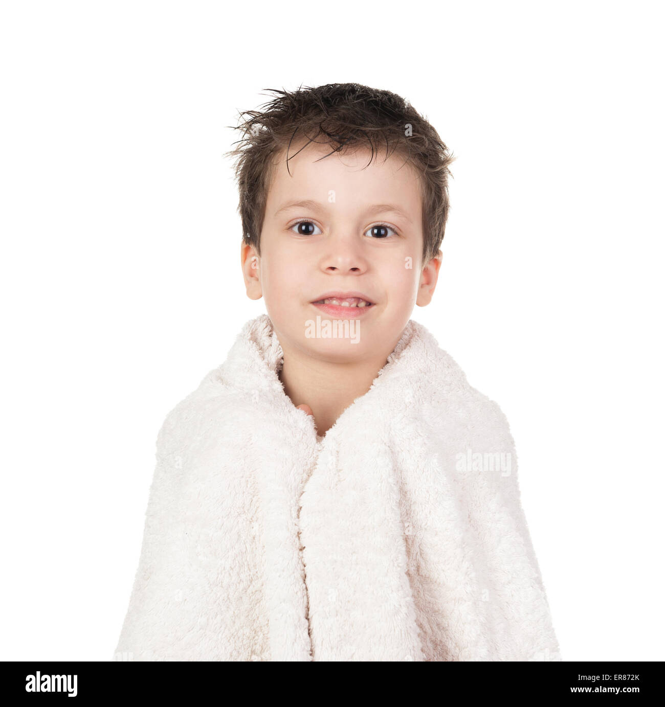 boy in towel with wet hair isolated Stock Photo Alamy