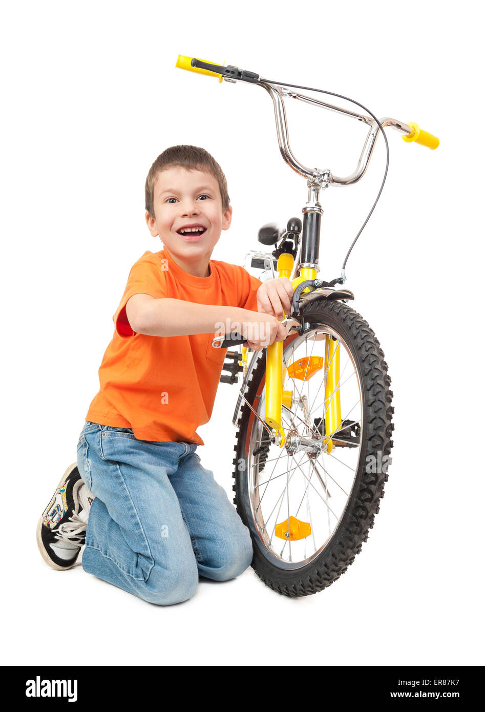 boy repair bicycle isolated Stock Photo - Alamy