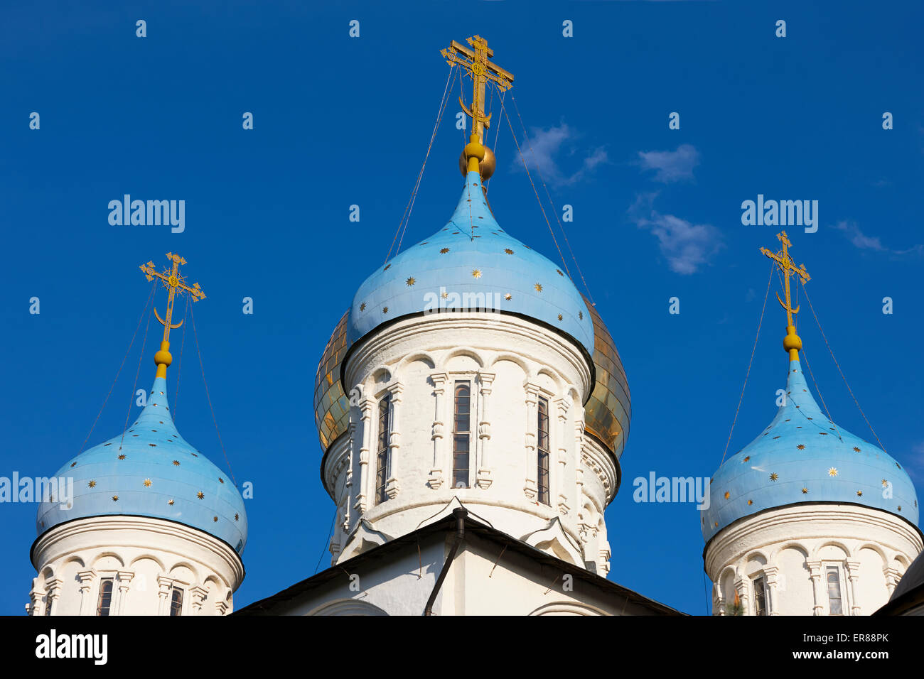Domes of the Cathedral of the Transfiguration. Novospassky Monastery, Moscow, Russia. Stock Photo