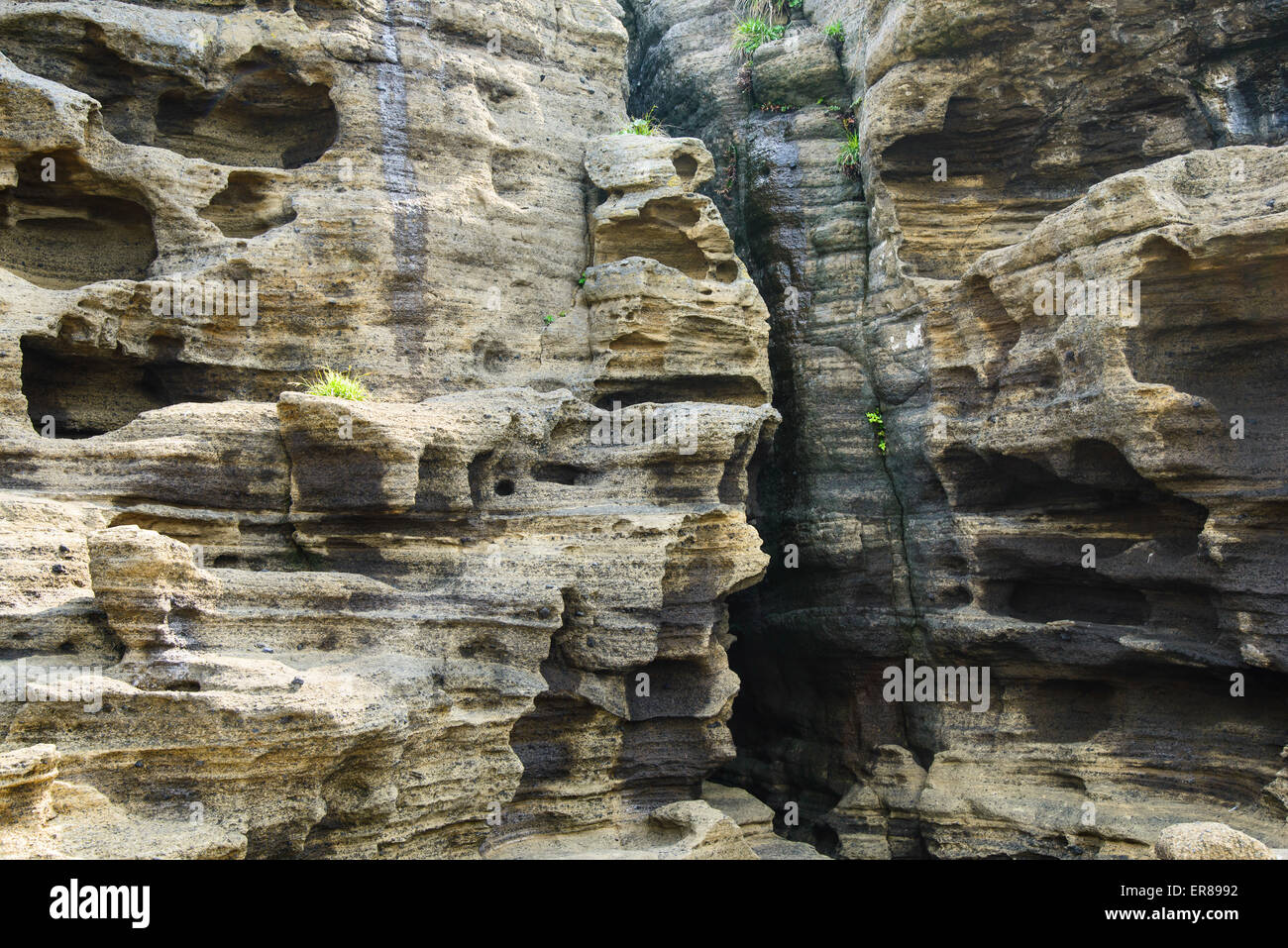 Multistory layered rough and strange sedimentary rocks in famous tourist site Yongmeori Coast(Dragon head coast) in Jeju Island. Stock Photo