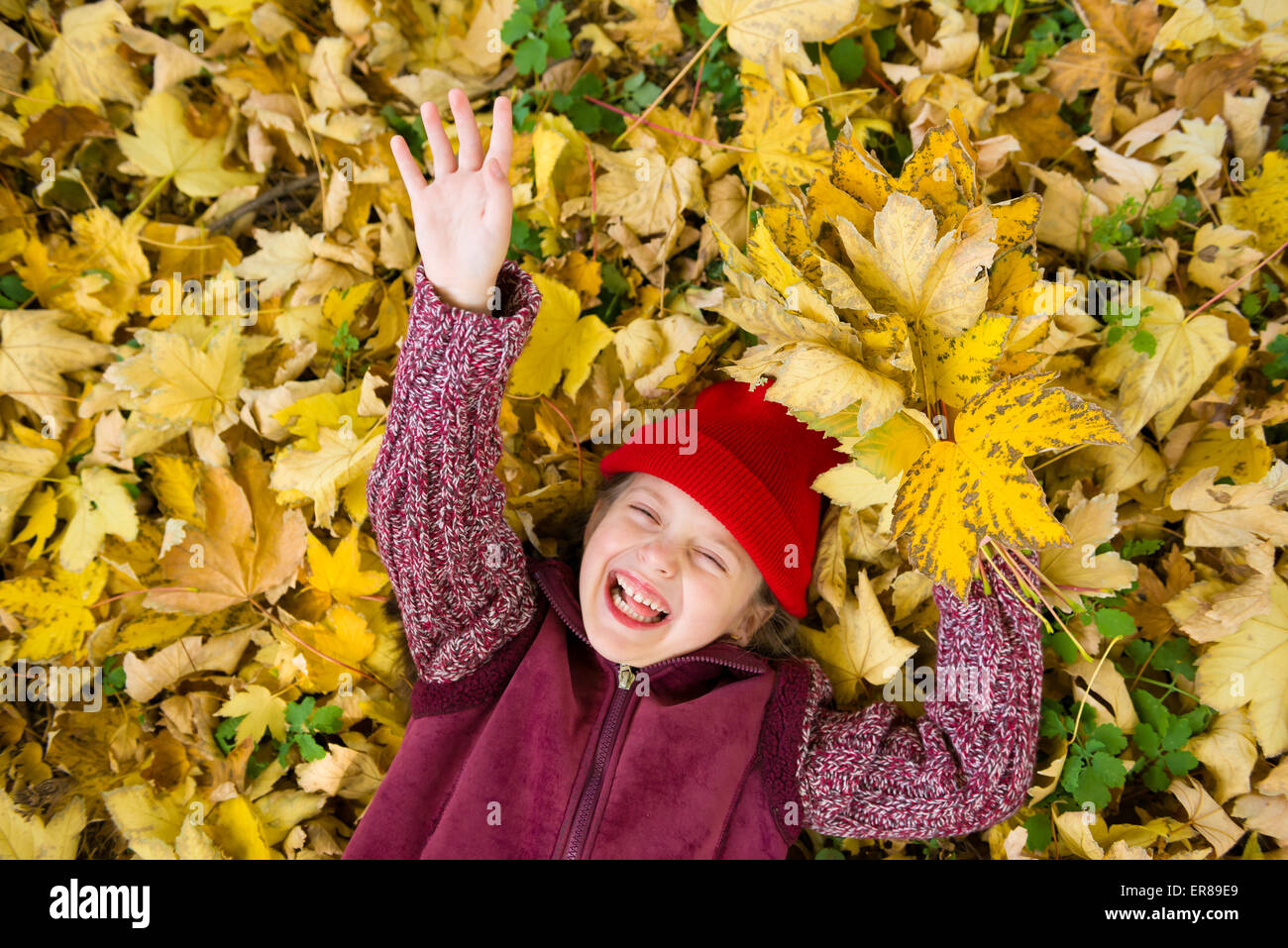 little girl in autumn park lying on leaves Stock Photo - Alamy