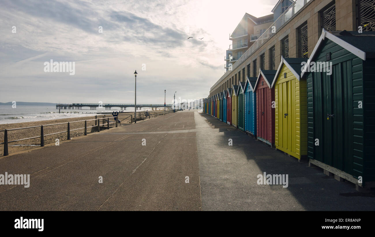 Seaside Beach Huts at Boscombe Pier, Bournemouth, Dorset, England UK Stock Photo