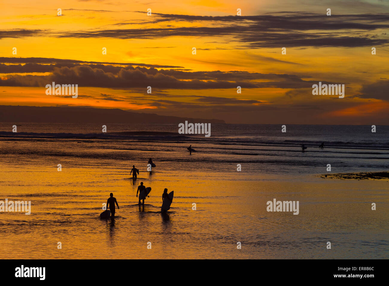 Surfers at sunrise. Bali. Indonesia. Stock Photo
