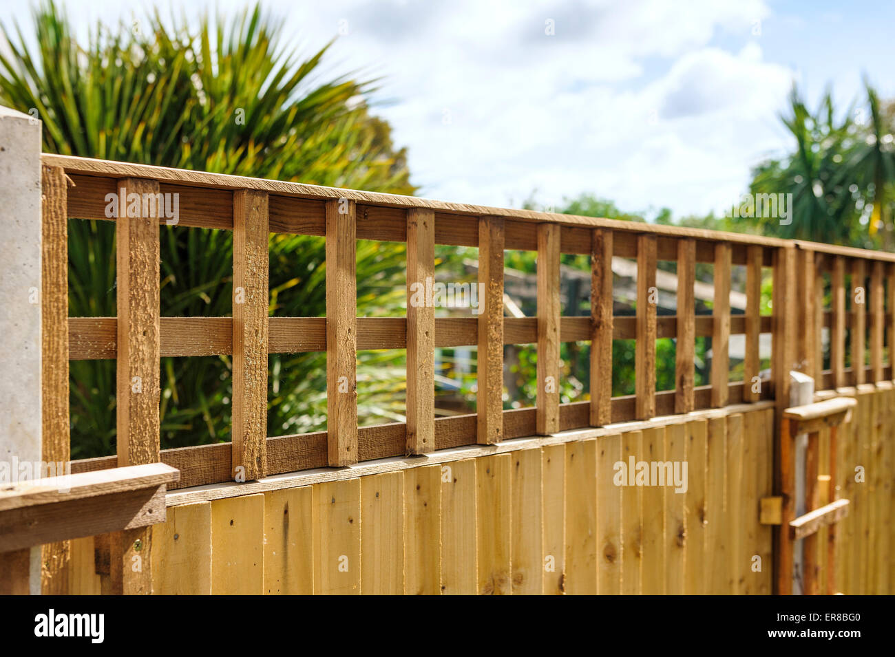 Close boarded, wooden fencing and square trellis. Fixed horizontally and  vertically Stock Photo - Alamy