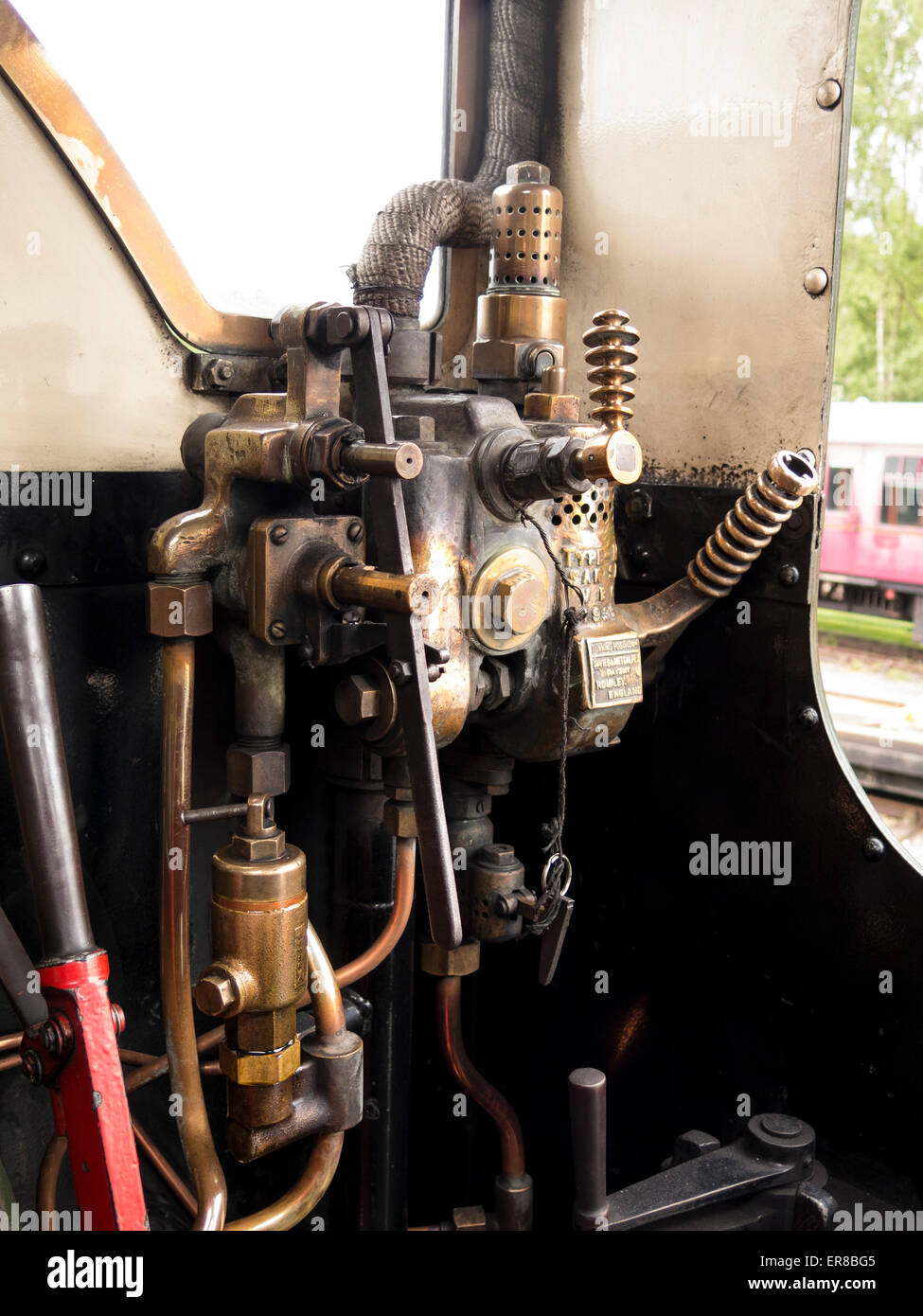 Rowsley,near Matlock,Derbyshire,Britain. May 27th 2015.Controls of the vintage steam locomotive Lord Phil at Peak Rail's heritag Stock Photo
