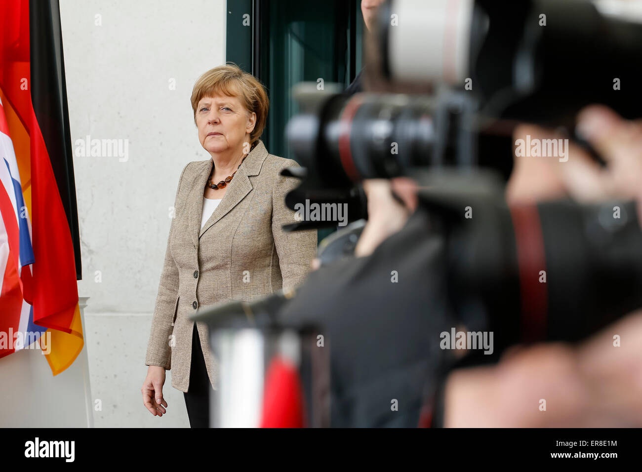 Angela Merkel, German chancellor,  UK Primer Minister Cameron with military honors at the German chancellery on Mai 29, 2015 in Berlin, Germany. / Picture:  German Chancellor Angela Merkel. Stock Photo