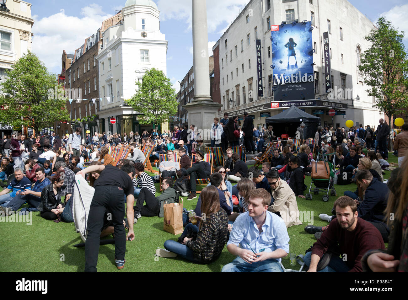 Seven Dials Roundabout Closed off for Concert during Spring Shopping Event in Covent Garden - London UK Stock Photo