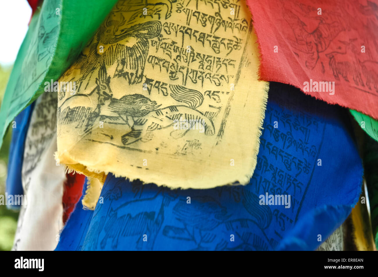 Tibetan traditional letters flag in temple Stock Photo