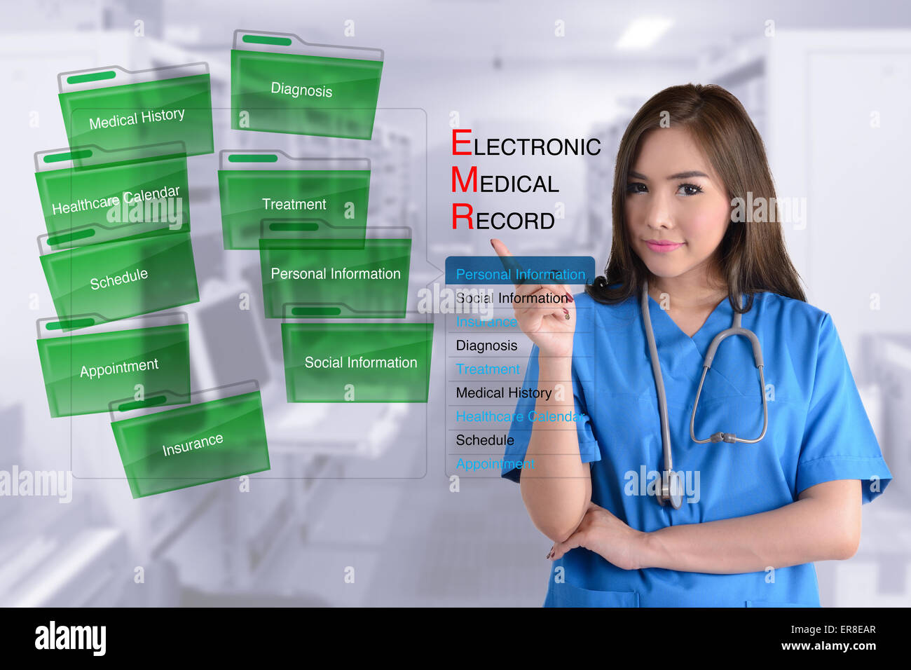 Female doctor in blue uniform show how electronic medical record work. Stock Photo