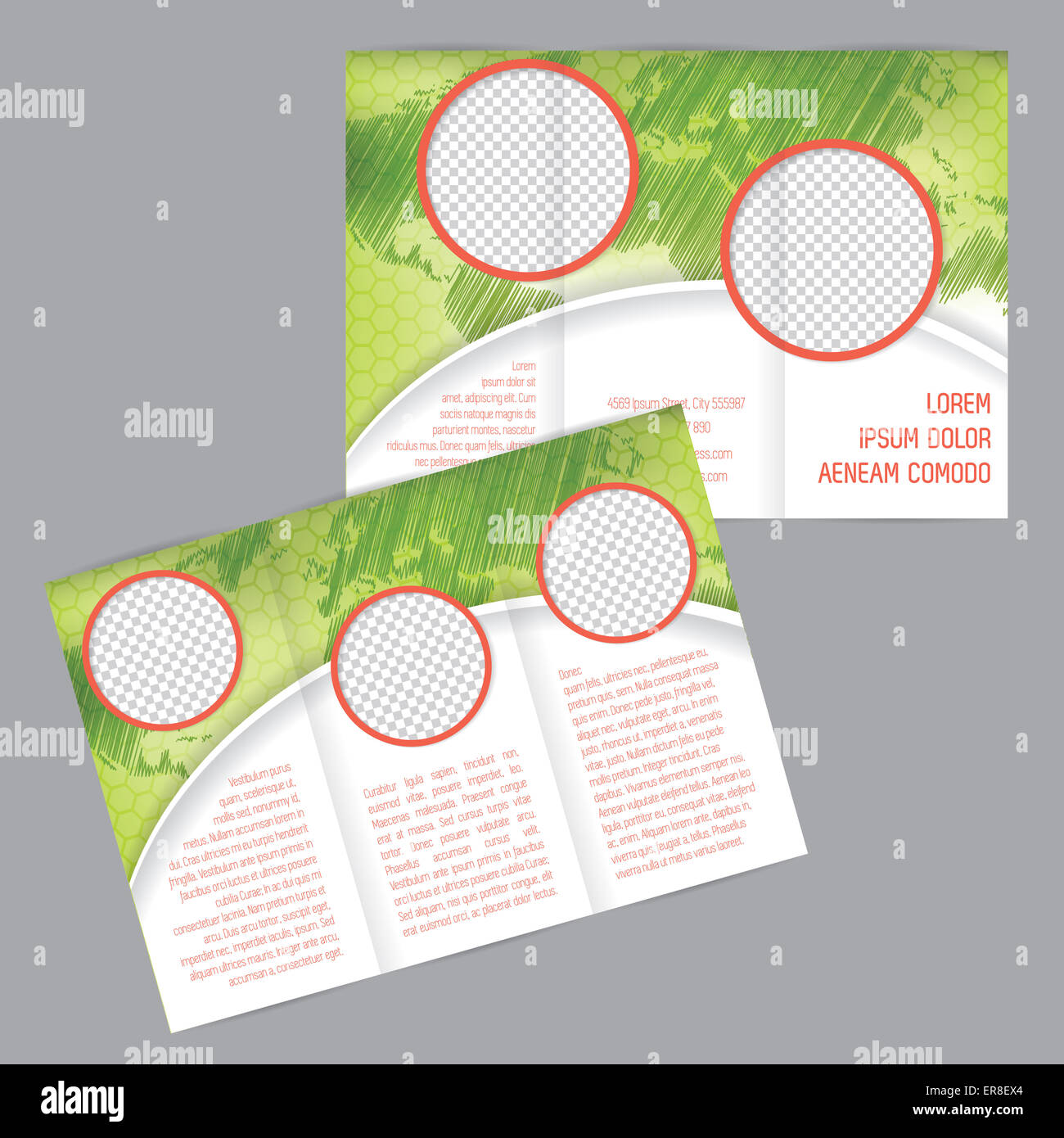 Tri-fold brochure design with world map and image containers Stock Photo