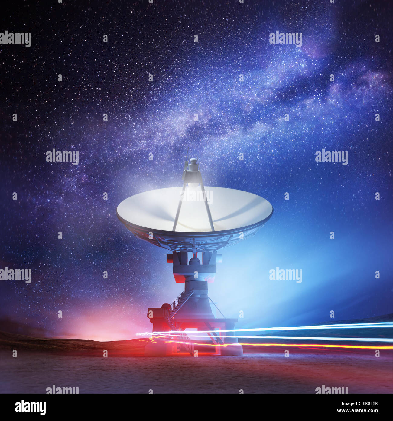 A radio telescope pointing upwards into the night sky. Astronomy background. Illustration. Stock Photo