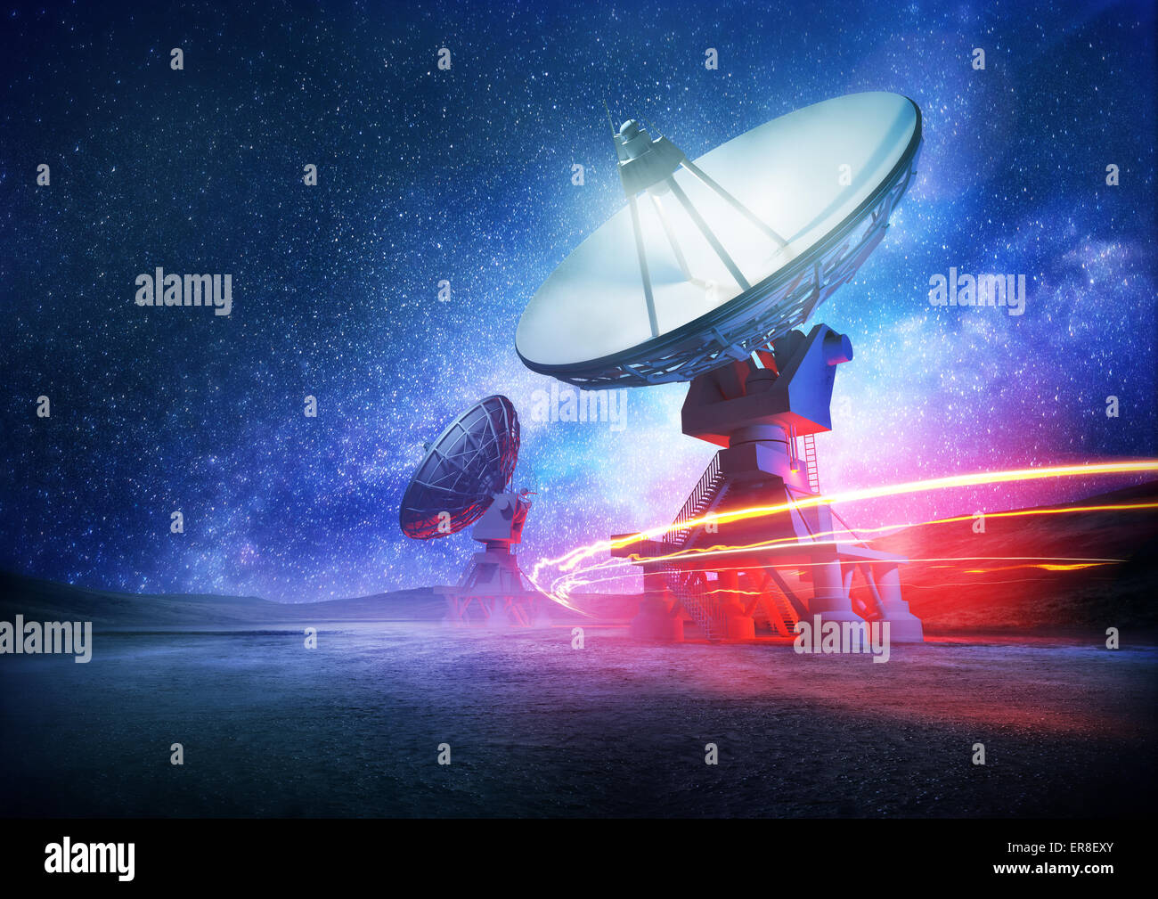 Astronomy deep space radio telescope arrays at night pointing into space. The milky way sets the background. Illustration. Stock Photo