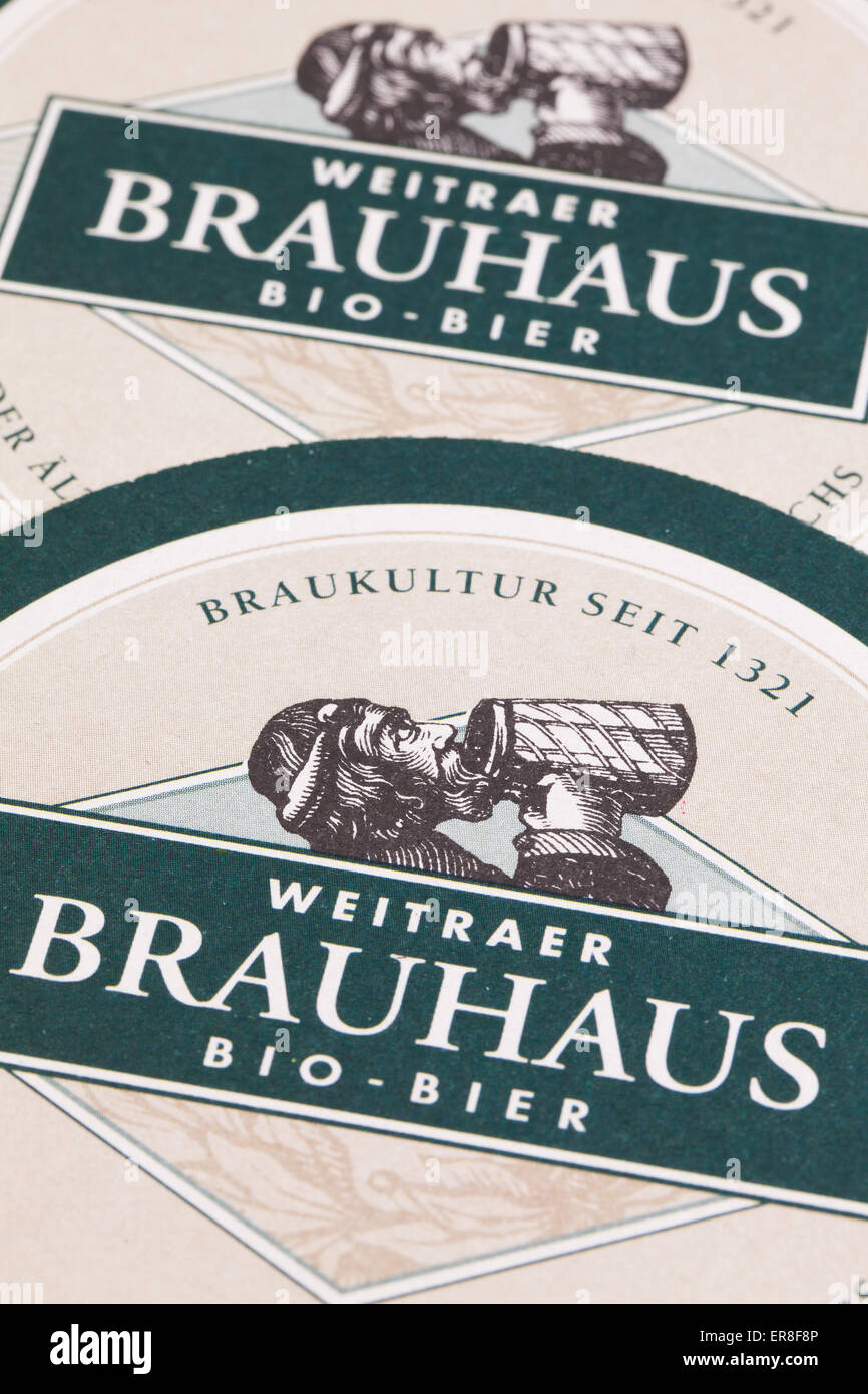 Austria,Wien - December 15,2014:Beermats from Brauhaus Bio Beer.Brauhaus Beer is brewed in Austrias oldest beer brewing town Stock Photo