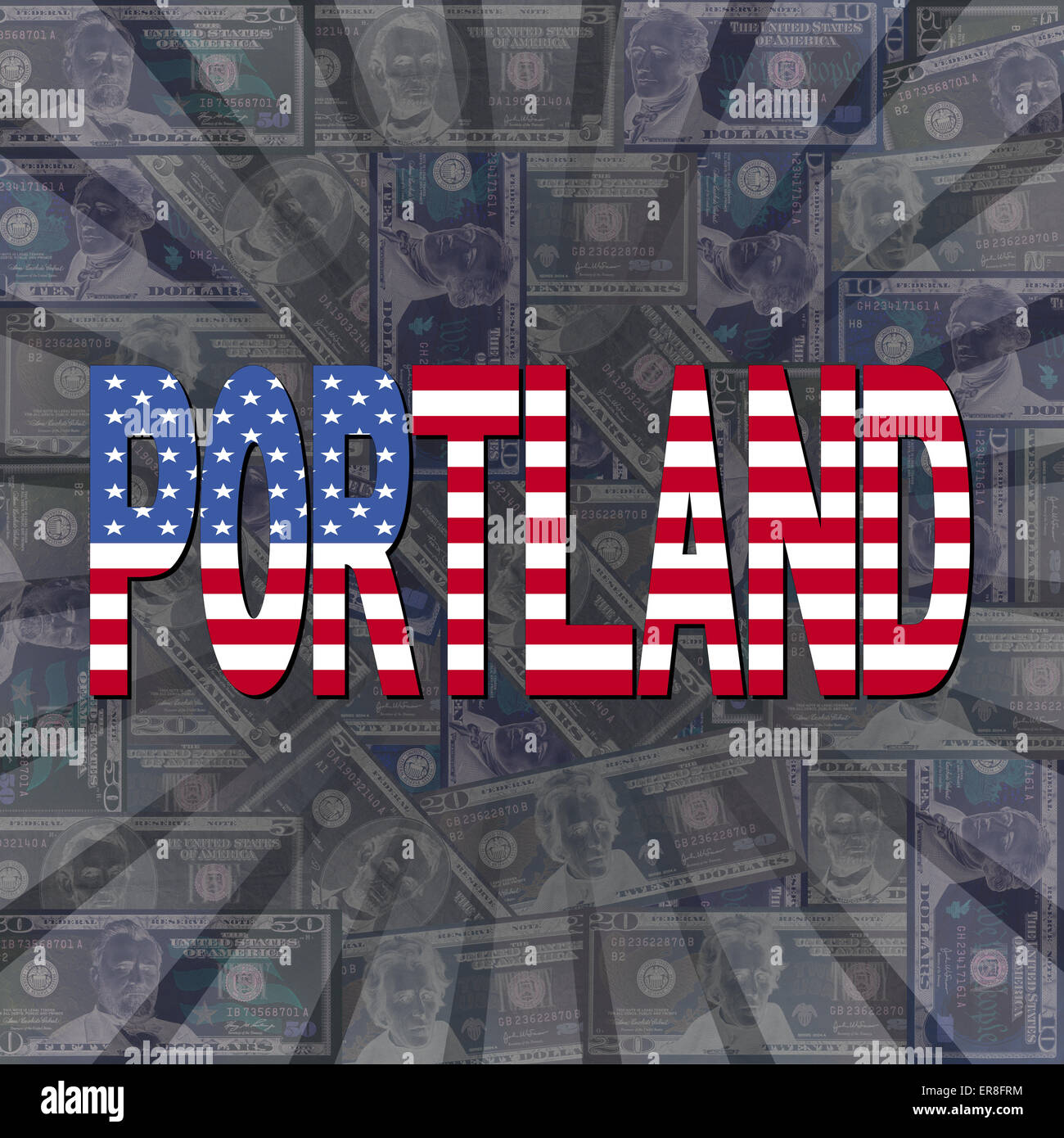 Portland flag text on dollars sunburst illustration Stock Photo - Alamy