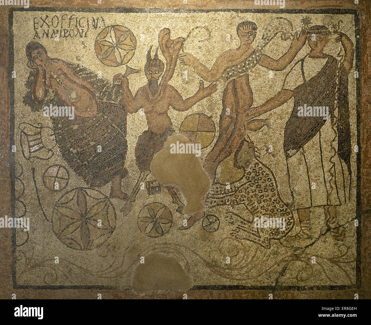 Roman mosaic of Bacchic scene from workshop of Anmus Ponius. From Merida (Augusta Emerita), Spain. 4th C. National Museum of Roman Art. Merida. Spain. Stock Photo