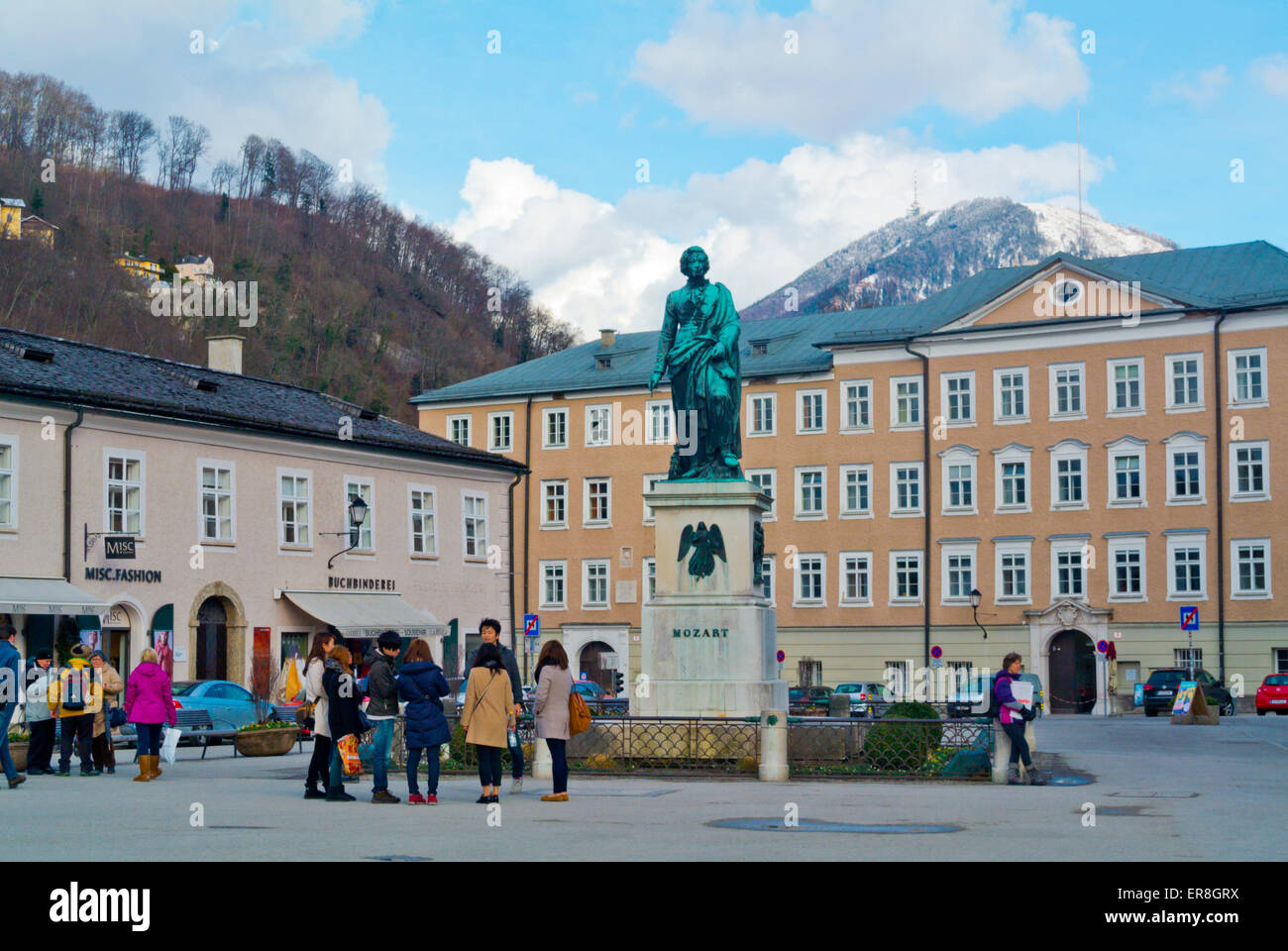 Mozart statue, Mozartplatz, Altstadt, old town, Salzburg, Austria Stock