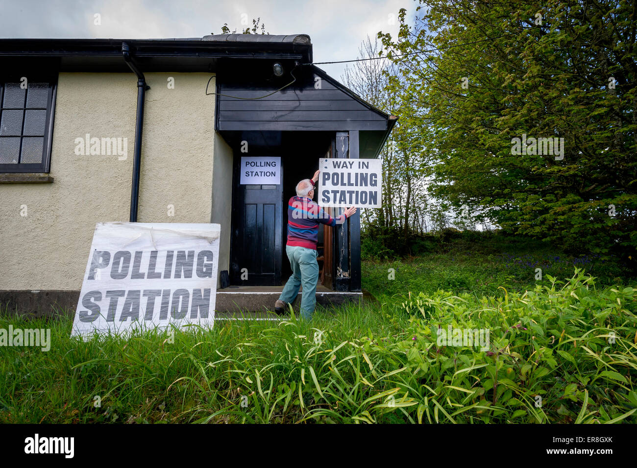 General Election Polling Day, UK A polling clerk readies the signs at
