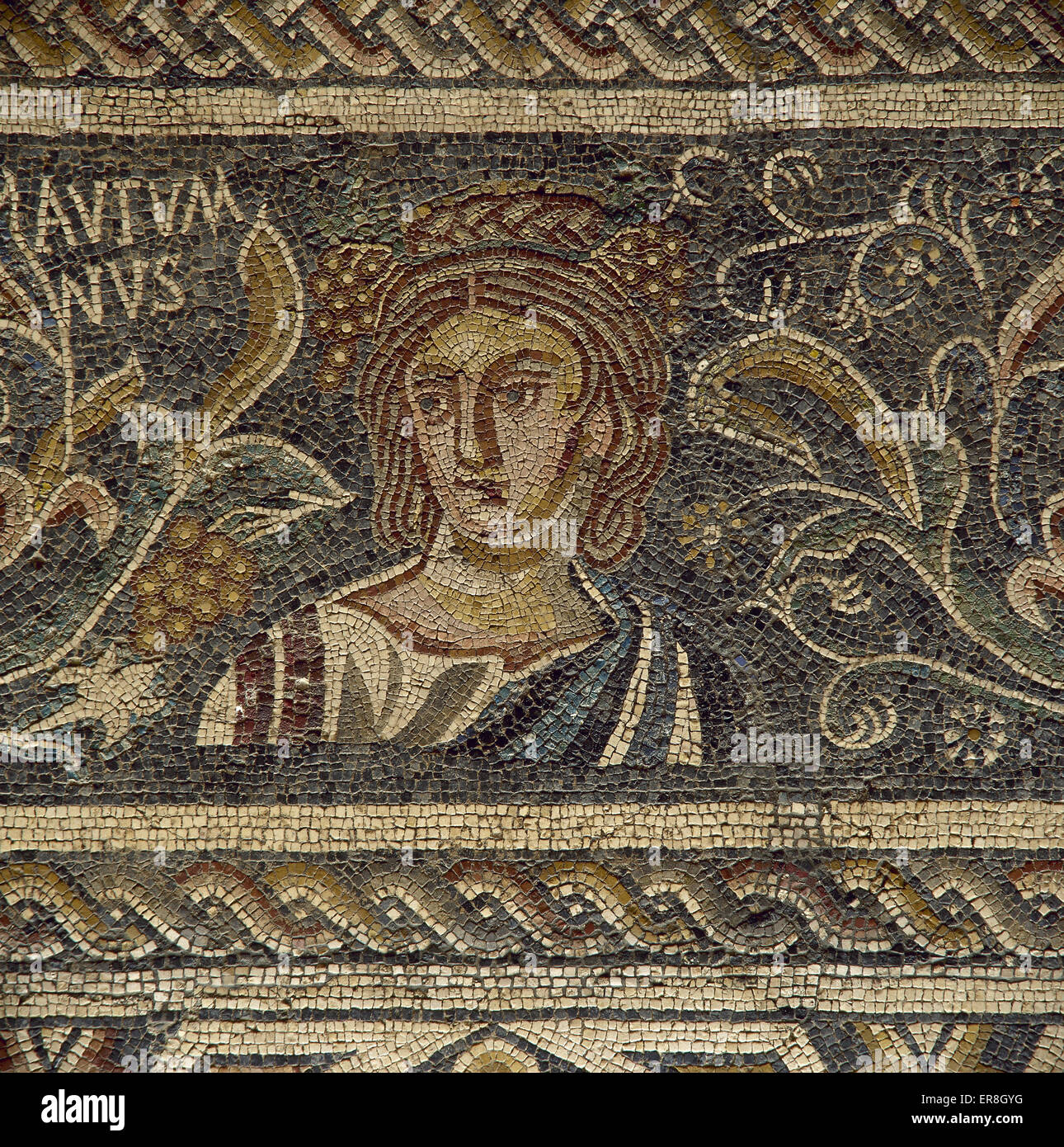 Roman mosaic. Female figure depicting the Autumn. 4th century. It comes  from Villa Las Tiendas. Merida. National Museum of Roman Art. Merida. Spain  Stock Photo - Alamy