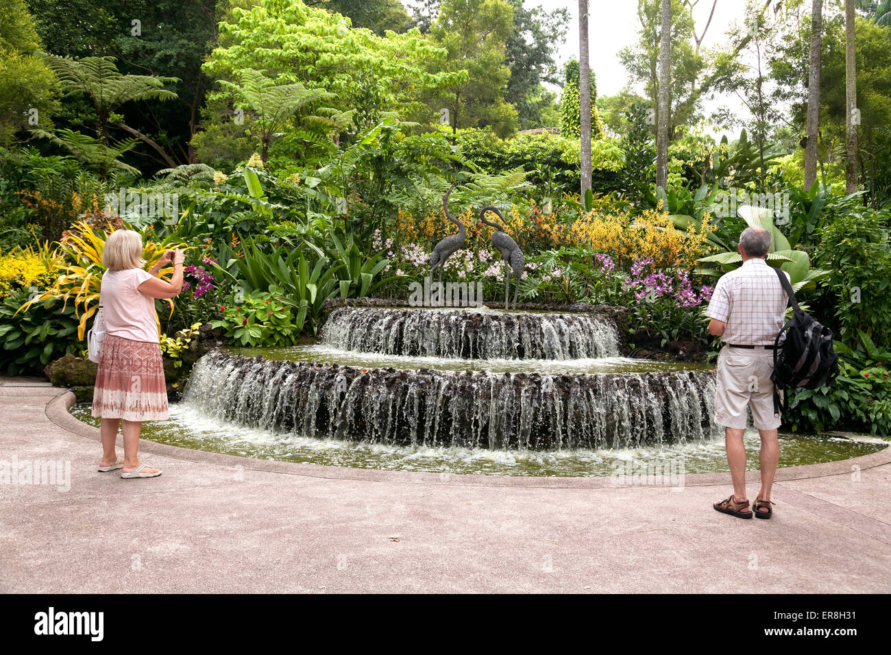 Two western tourists taking a photo of the fountain, Singapore Botanic gardens, Singapore Asia Stock Photo