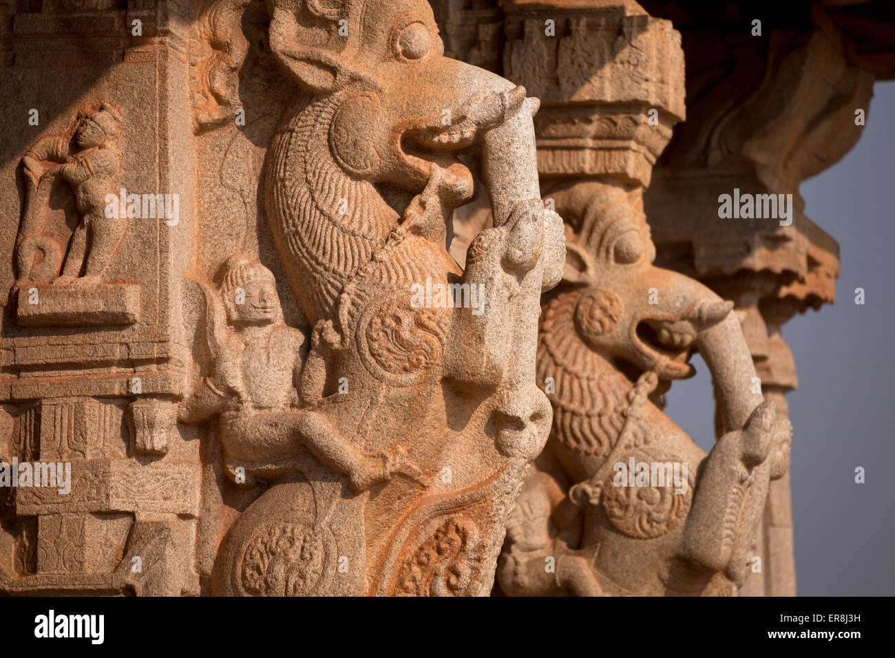 Yali pillars at Vittala temple at  Hampi, Karnataka, India, Asia Stock Photo